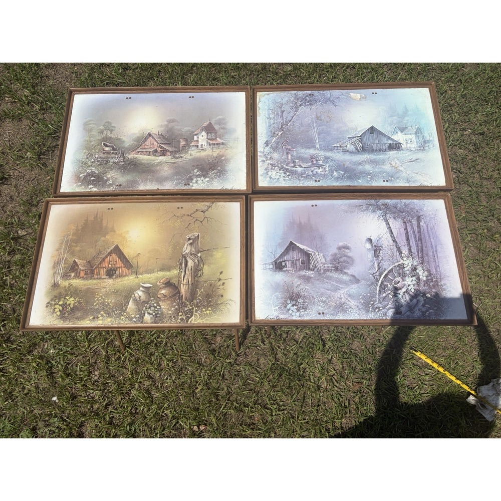 Vintage Set of 4 Andres Orpinas Folding TV Tray Tables Barn Farm Rustic Cabin